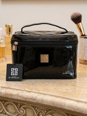 Givenchy Parfums Travel Toiletry Cosmetic Shiny Black bag Top Zip Closure Vanity
